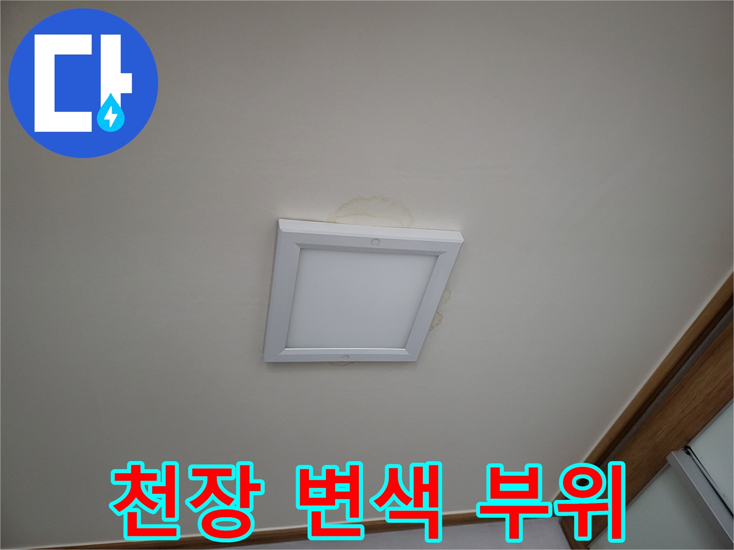 천장 조명 주변의 갈색 누수 얼룩