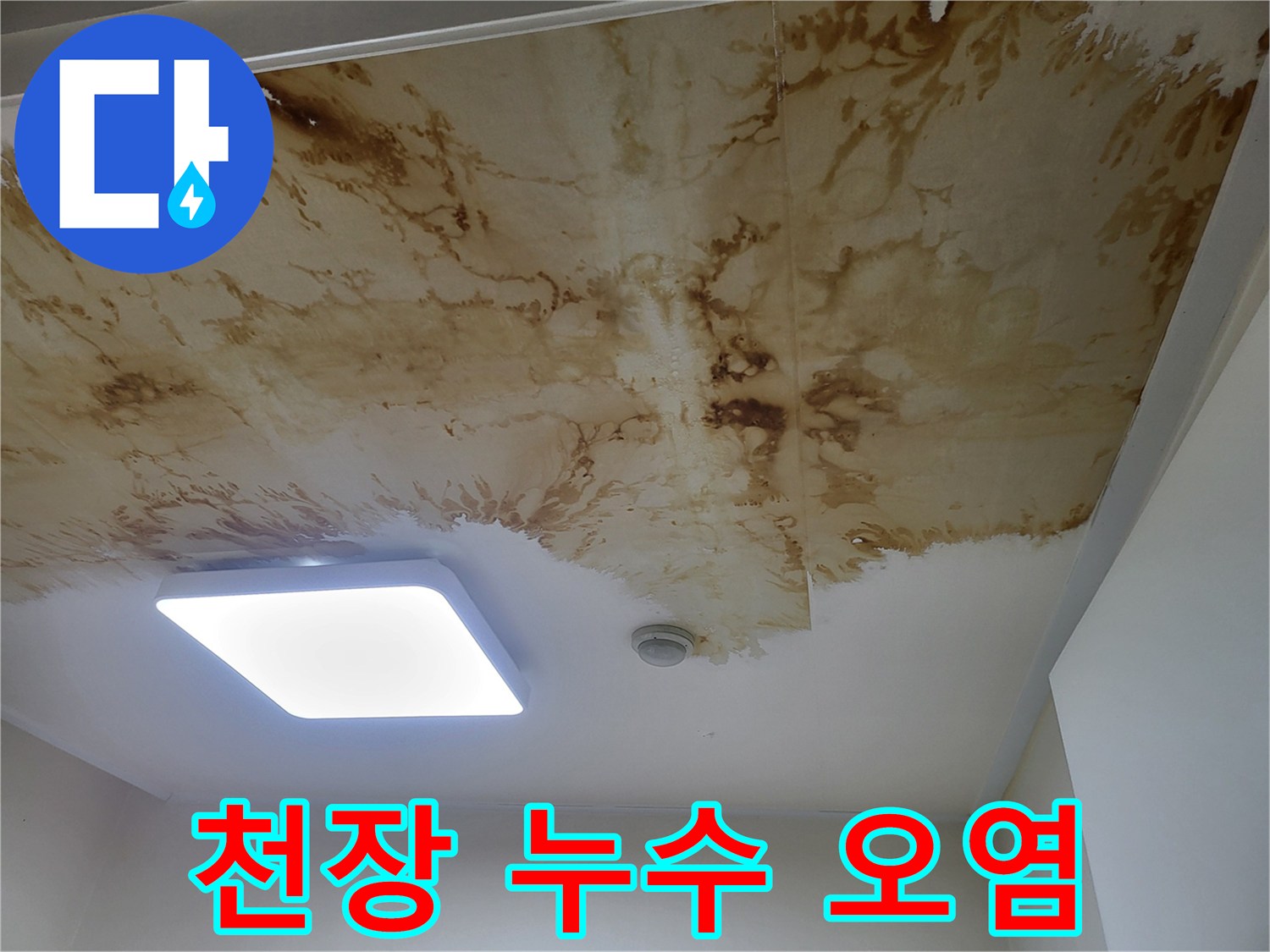 갈색으로 변한 천장 마감재의 누수 흔적
