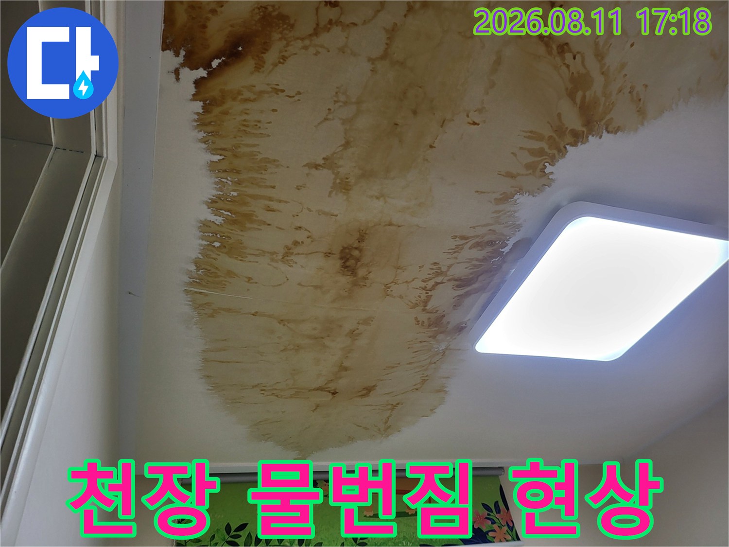 천장 매립등 옆으로 번져 나간 갈색의 누수 흔적과 얼룩