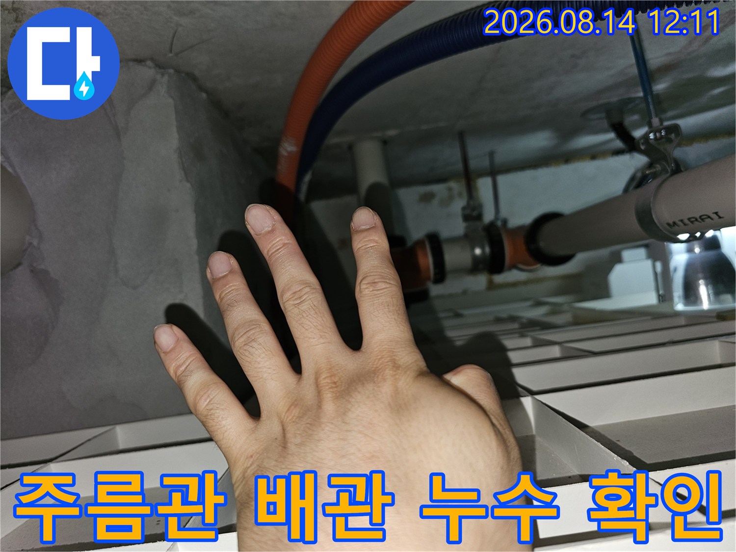 싱크대 아래 천장에 노출된 주름관과 호스 부위를 손으로 가리키며 점검합니다.