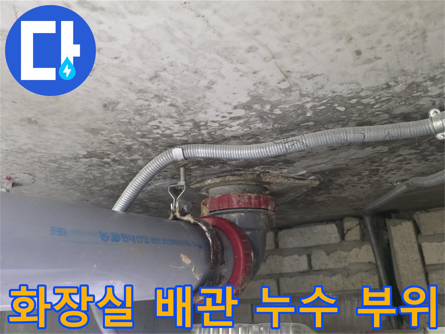 수원 팔달구 화장실 천장 슬라브에 연결된 배수 파이프와 결함 지점