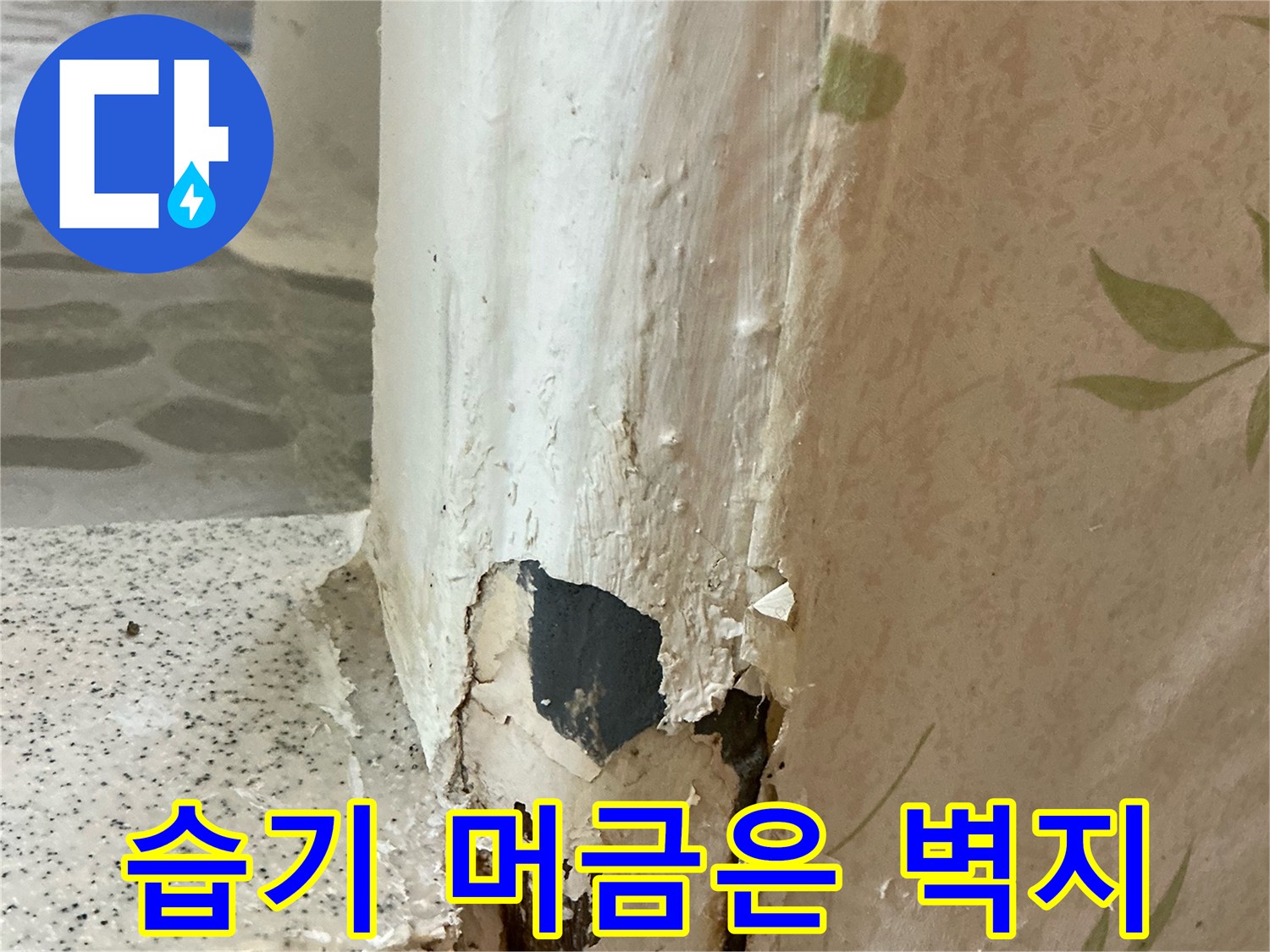 문틀 하부 틈새-물이 스며든 벽지 상태