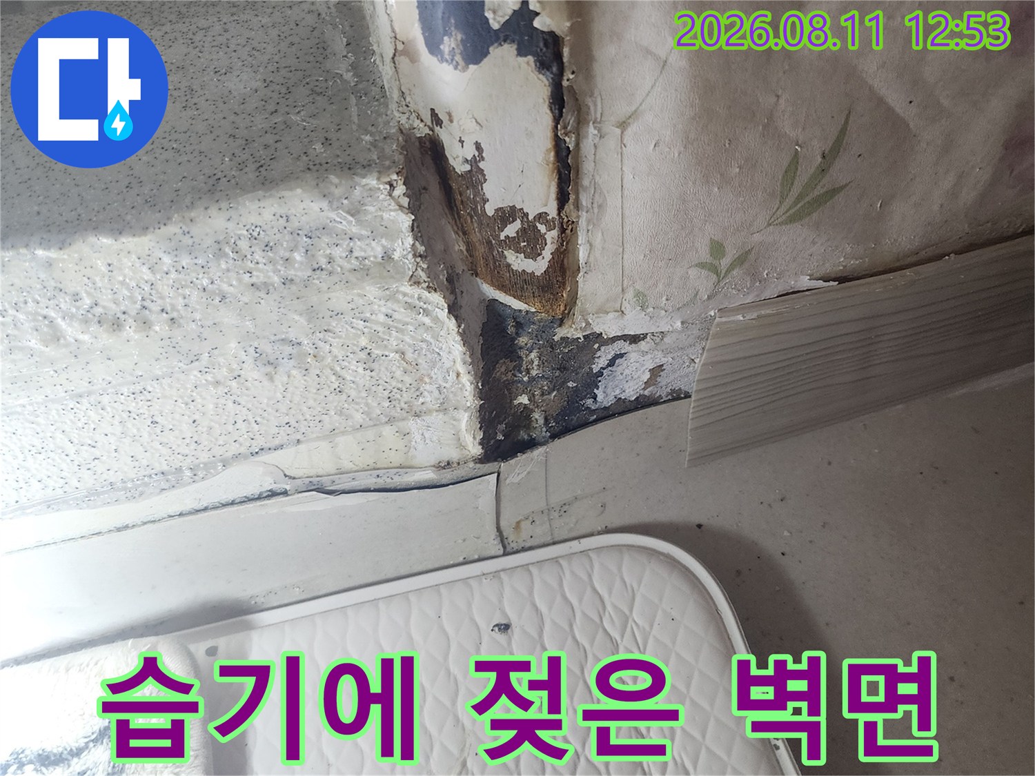 물기가 스며들어-변색된 벽면 마감재 부위