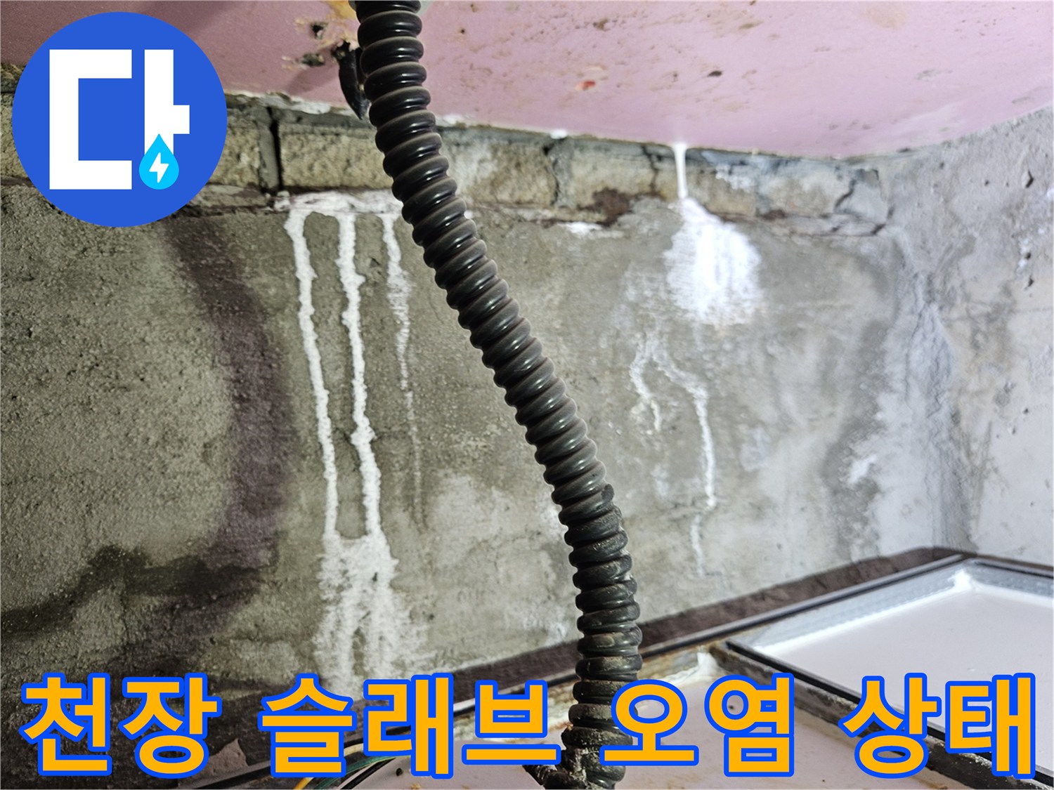 누수 흔적으로 오염된 화장실 천장 내부 벽면