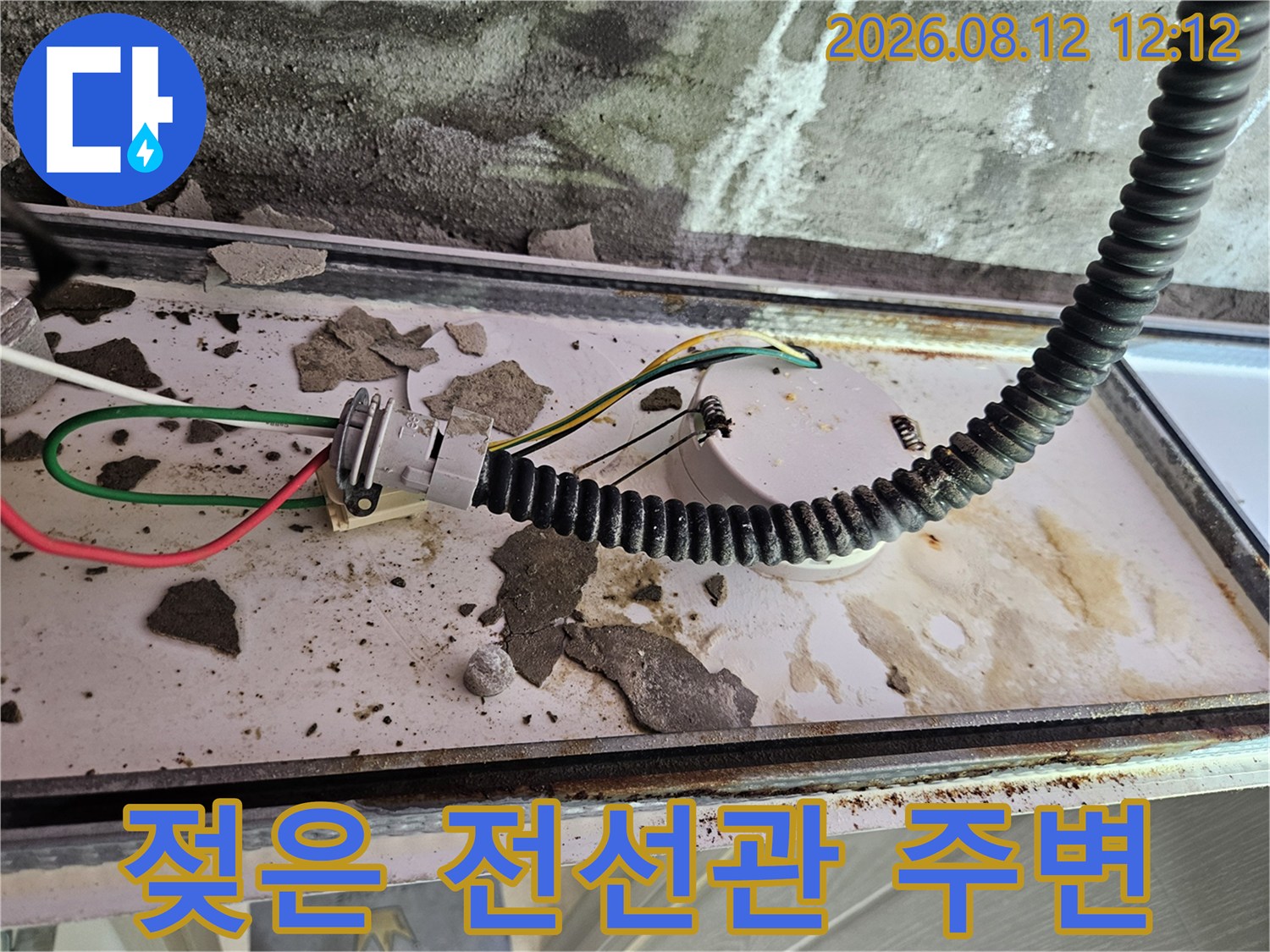 물기가 스며든 천장 내부의 전기 배관 및 콘크리트 벽면
