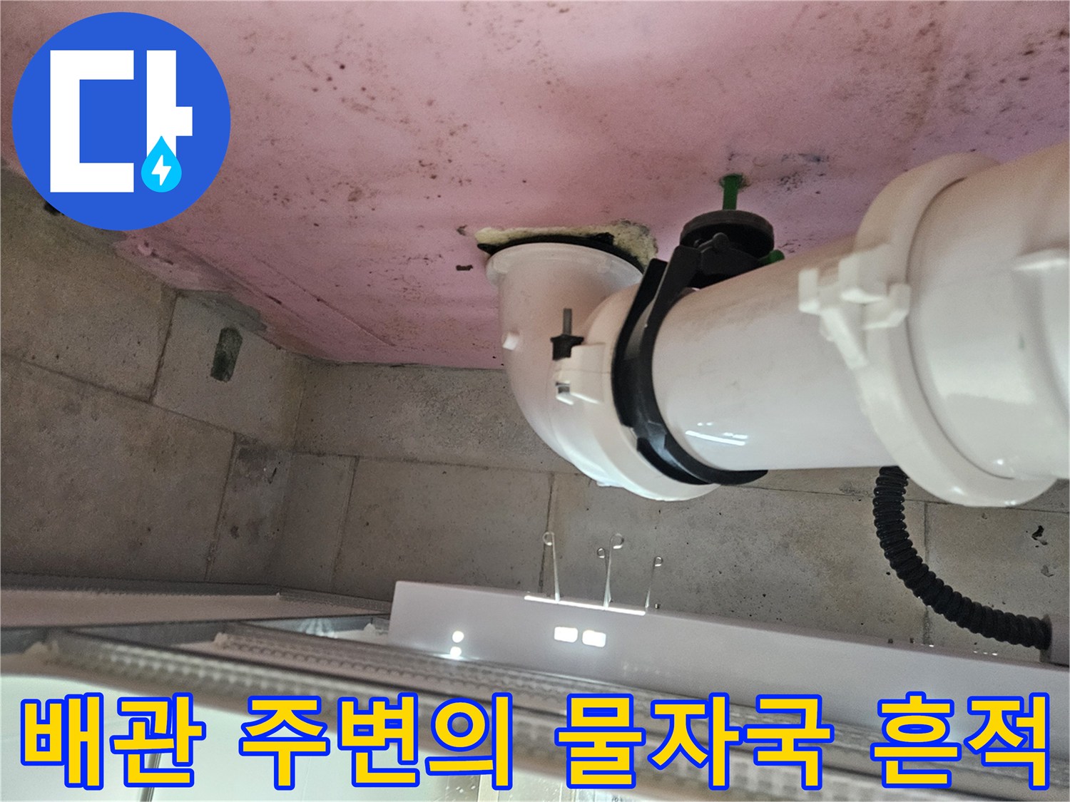 양주 옥정동 화장실 천장-젖어 있는 슬래브와 오염된 배관 연결부