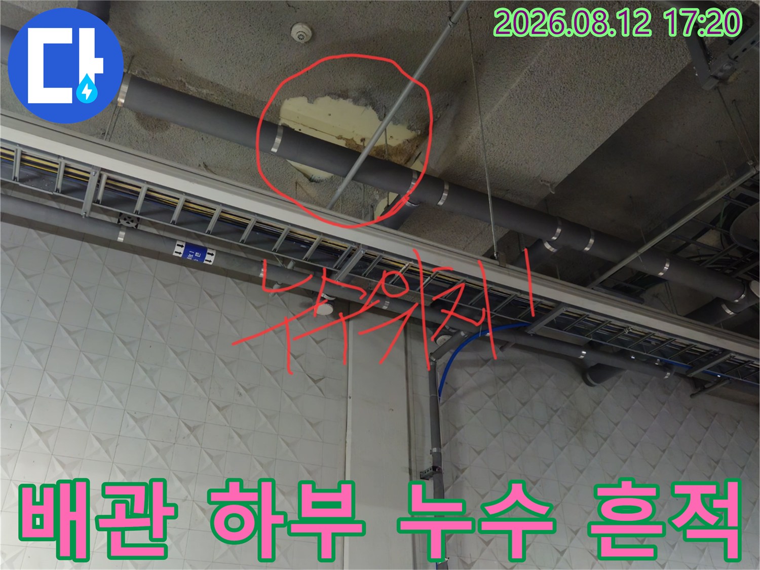 천장 배관 주변의 콘크리트-젖어 있는 누수 부위