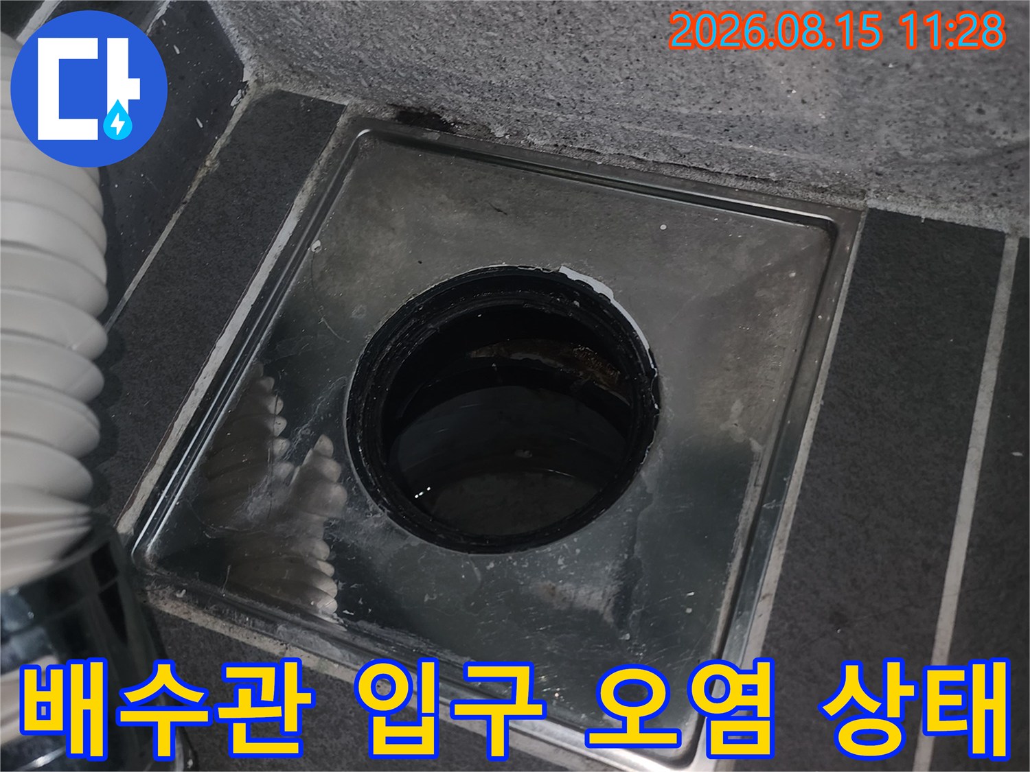 세탁실 배수관 내부의 이물질과 오염된 모습입니다.