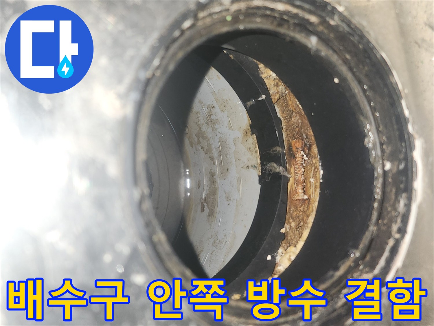 유가 내부의 젖은 벽면과 파손된 마감재 상태