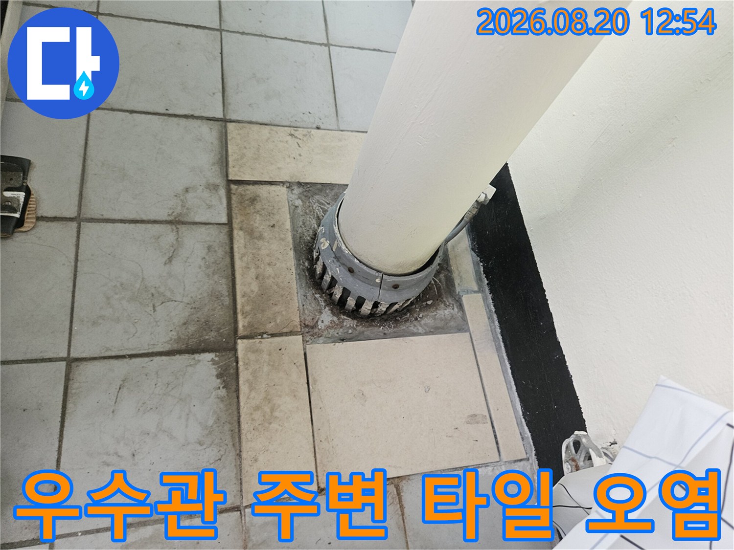 분당 정자동 베란다 우수관 주변의 젖은 타일과 오염된 상태