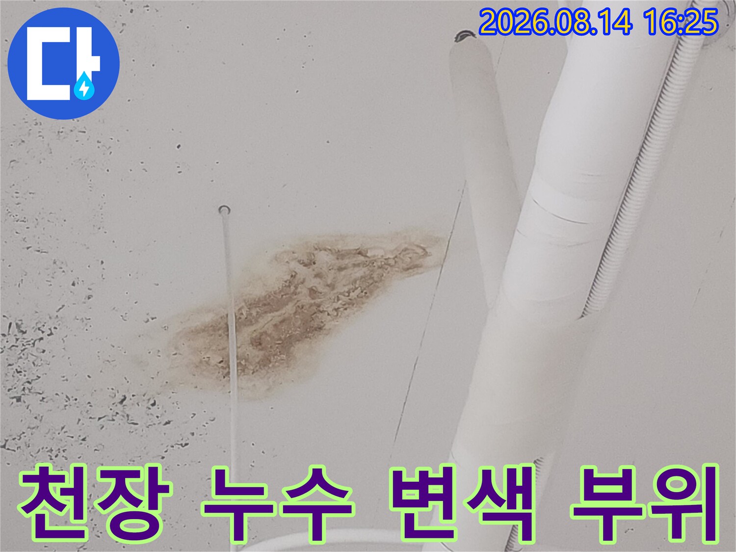 누수로 인해 오염된 천장 마감재의 모습