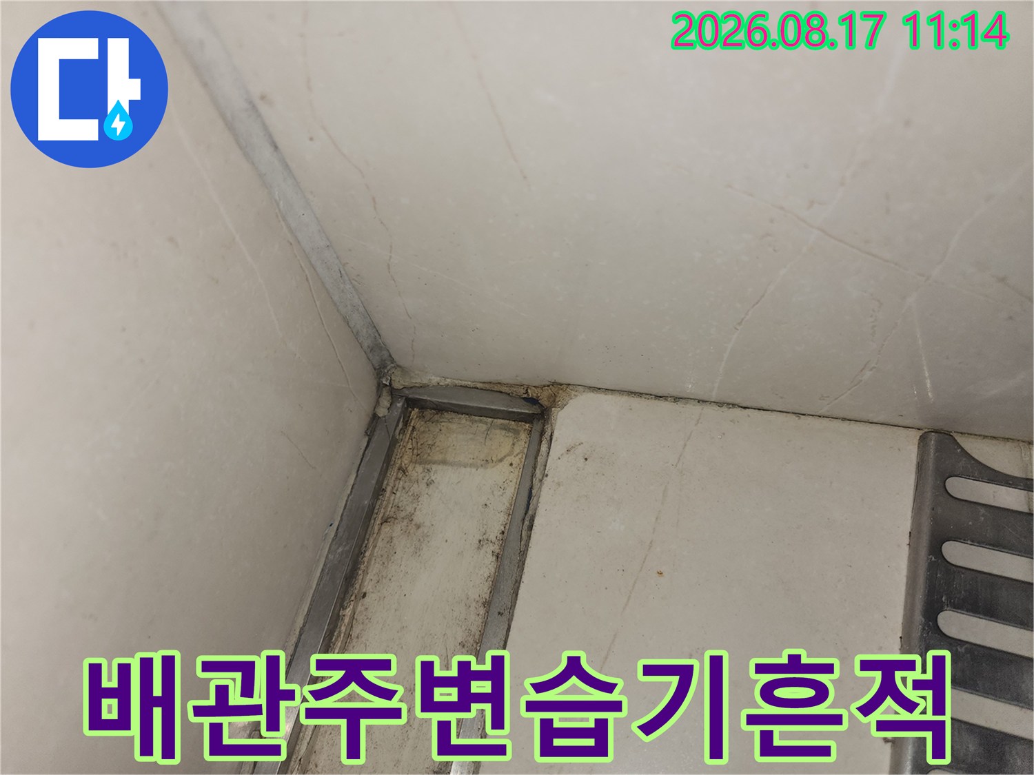 싱크대 배수구 주변 타일 틈새의 습기 오염 상태