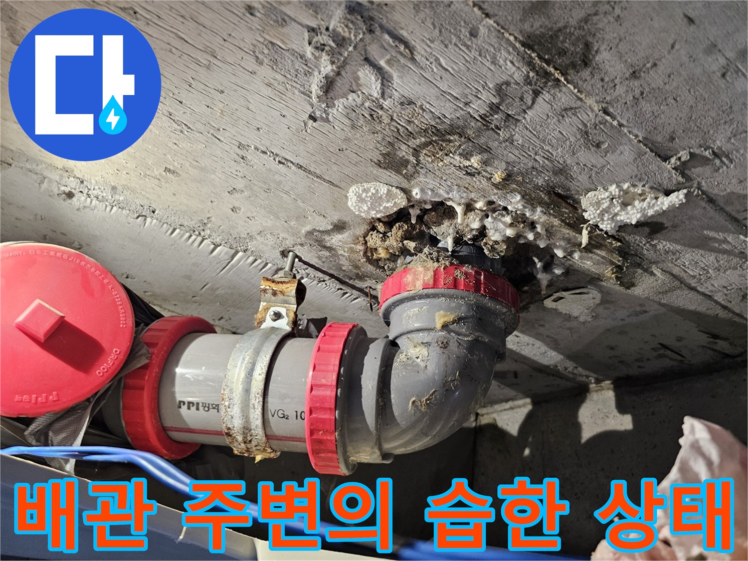누수가 진행되어-축축하게 젖어 있는 천장 내부 배관
