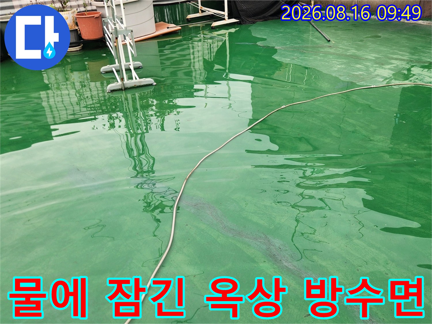 초록색 우레탄 바닥-물이 고여 있는 모습