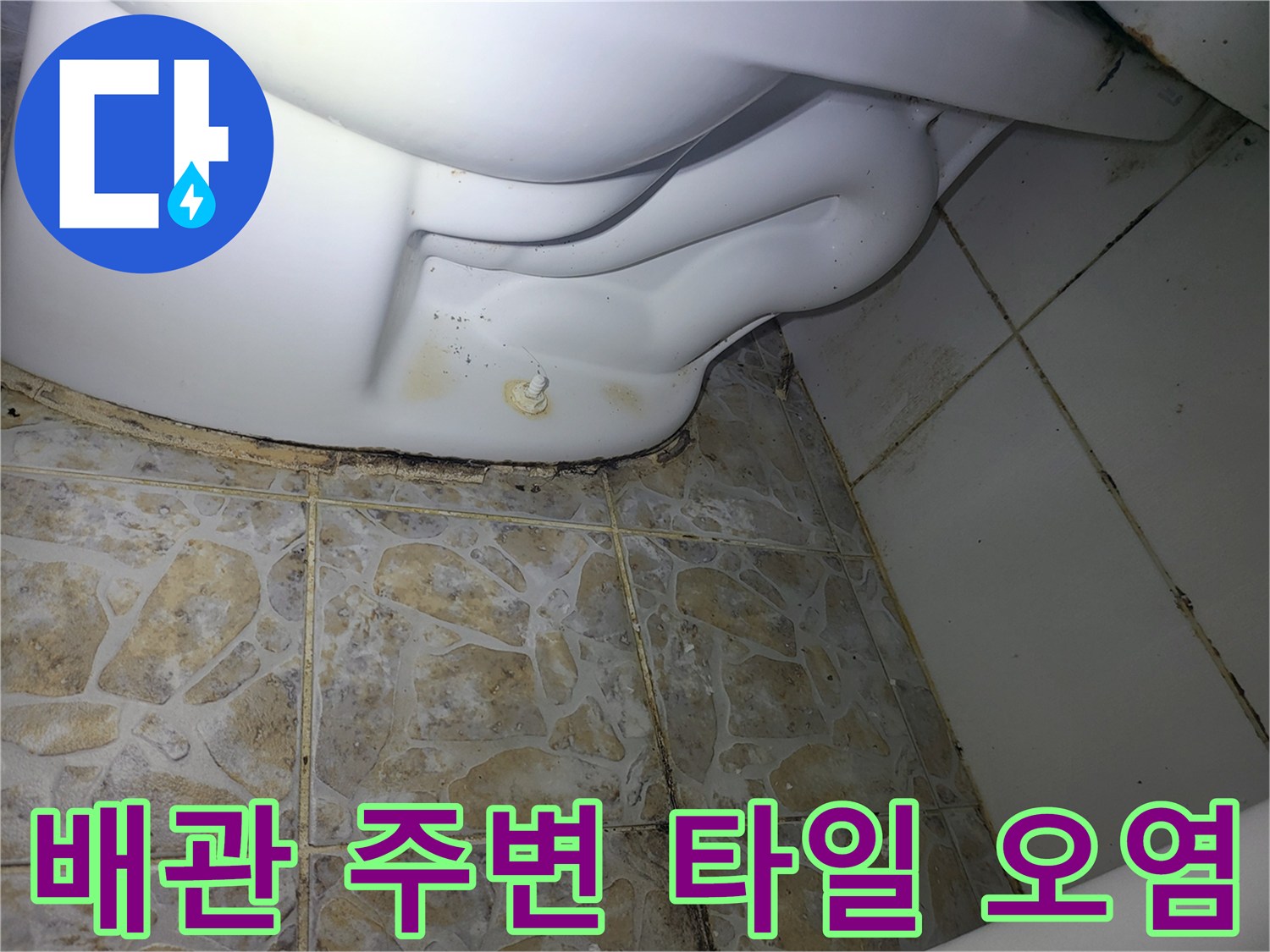 배관 하단 타일 사이의 검은 곰팡이와 수분 침투 흔적