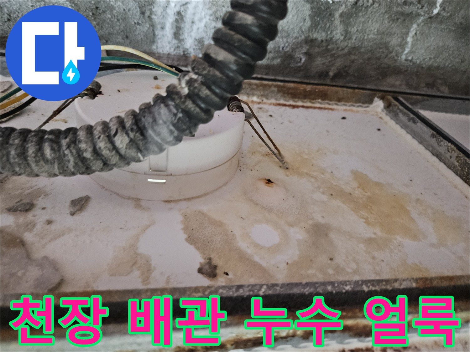 천장 배관 연결부의-물때와 습기 오염 흔적