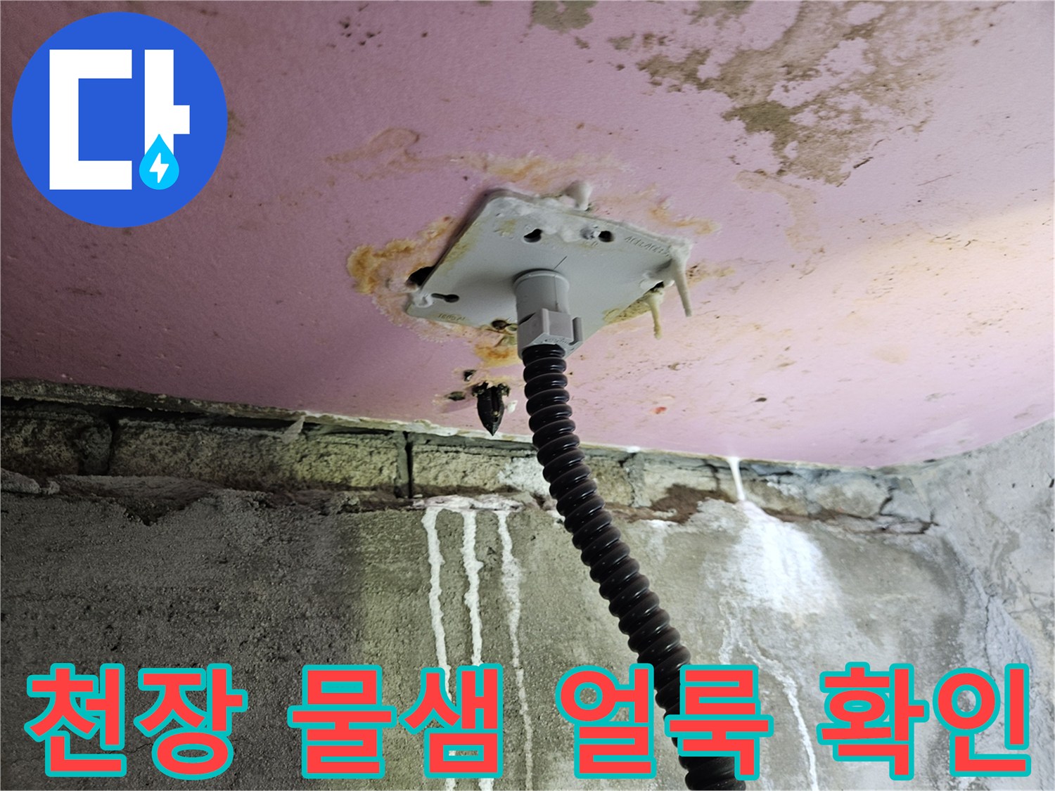 천장 배관 주변의 누수 및 변색 흔적