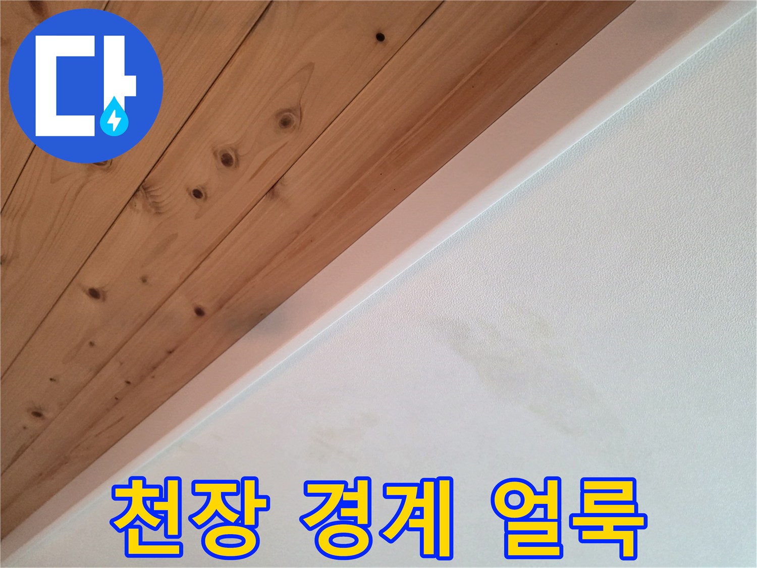흰색 벽지와 나무 판재 사이의 습기 침투 흔적
