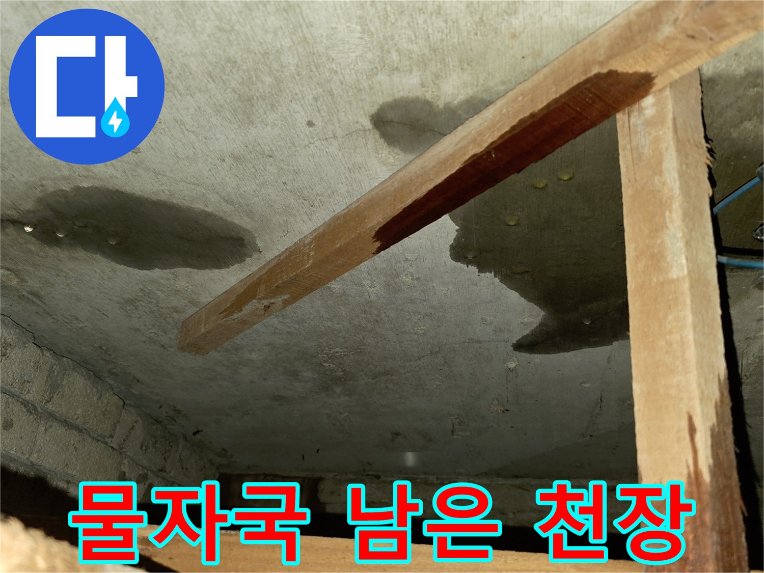누수가 진행된-천장 콘크리트의 변색 부위