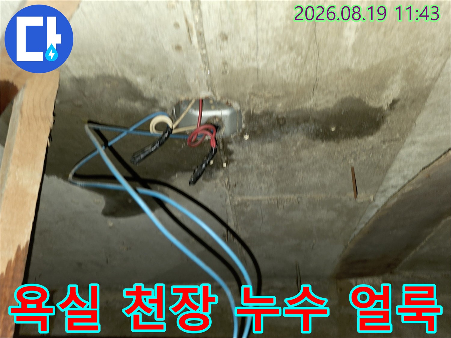 습기가 찬 천장-어둡게 변색된 콘크리트와 배관 노출 부위