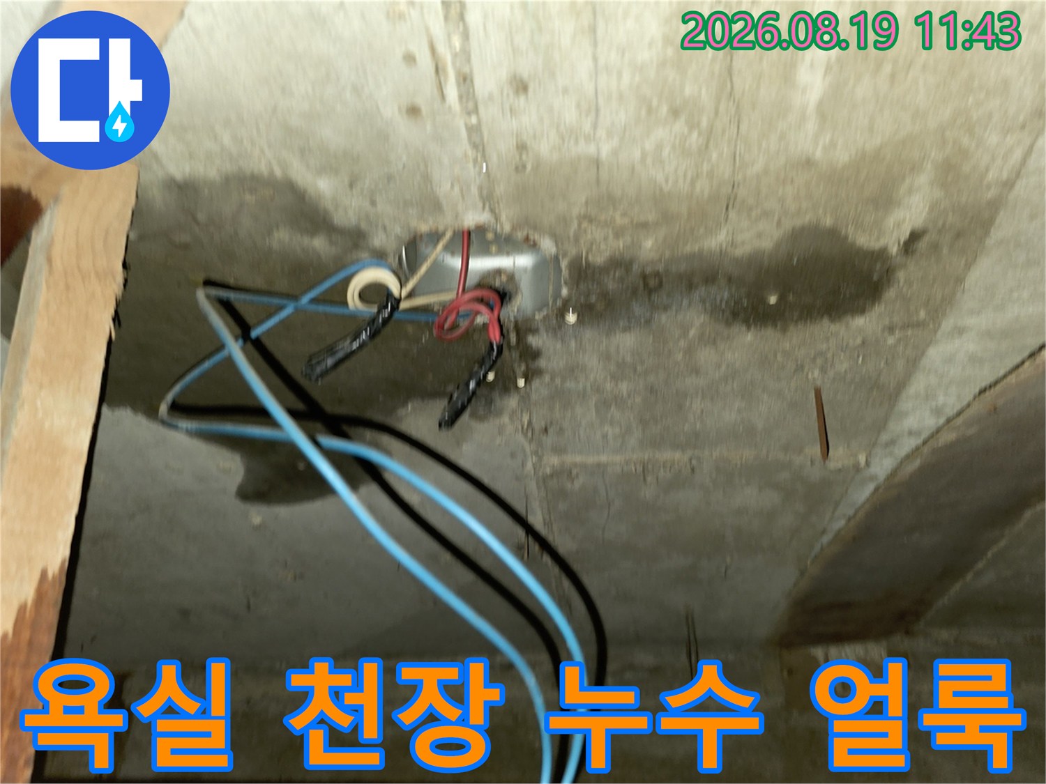 포천 신읍동 욕실 천장 콘크리트 면에 발생한 어두운 누수 흔적과 습기 상태