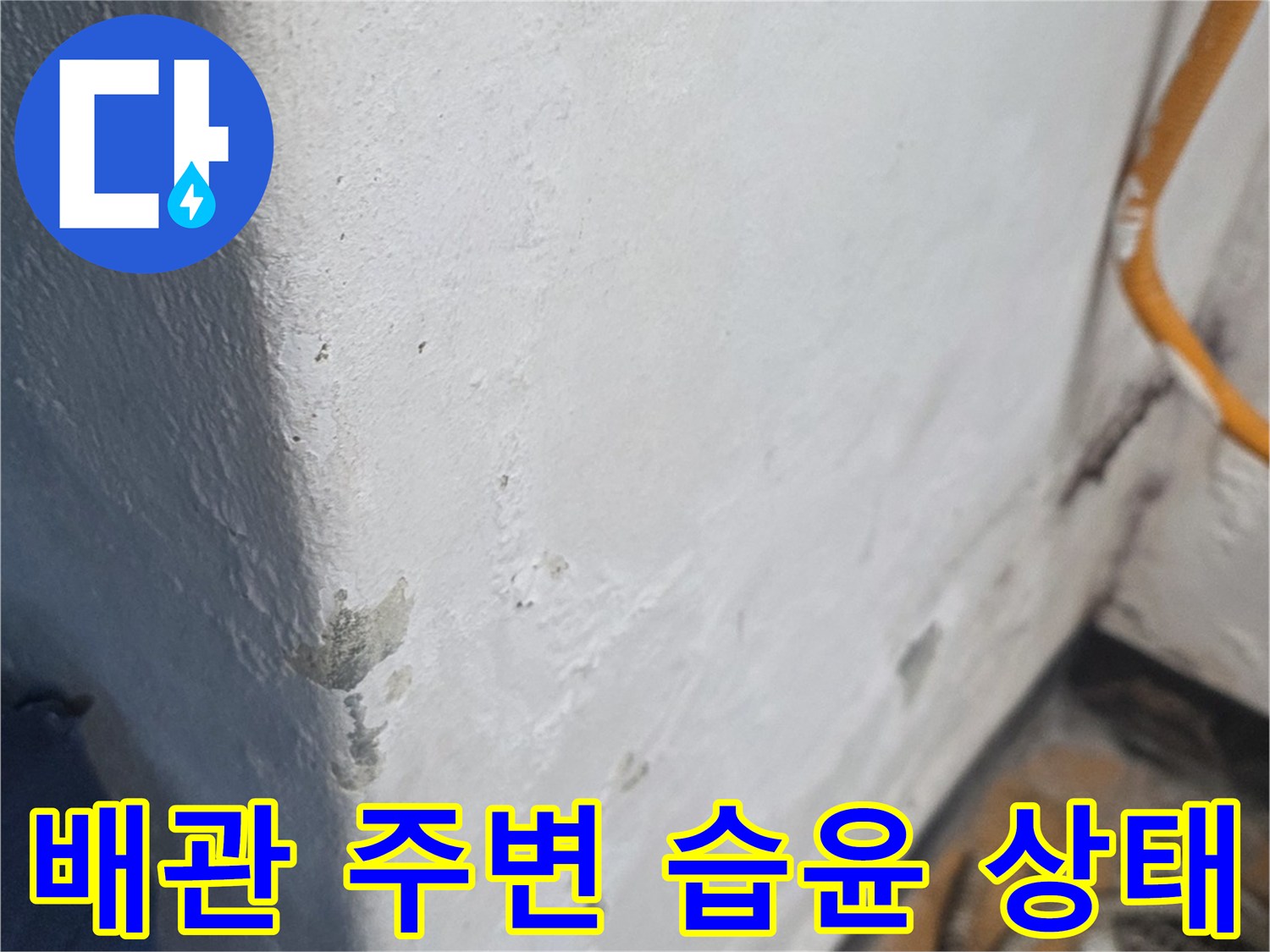 습기로 인해 변색된 배관 주변 마감재 표면