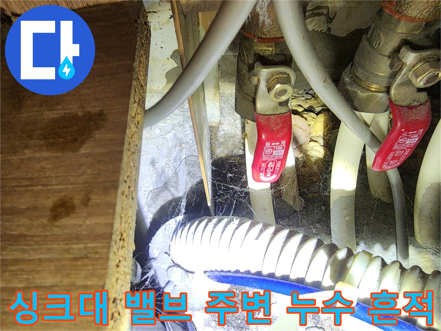 싱크대 하부 급수 밸브 및 호스 연결 부위의 습기 상태 확인