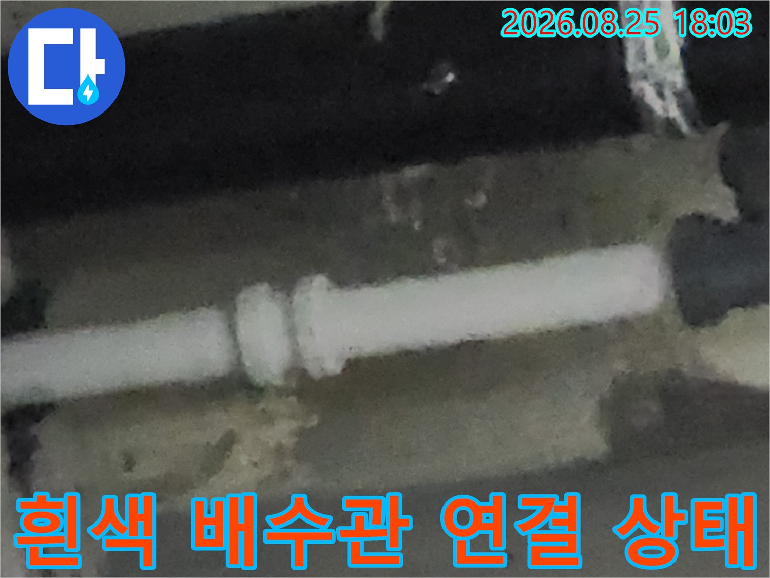 싱크대 하부 배수 호스의 소켓 연결 부위를 근접 촬영한 모습입니다.