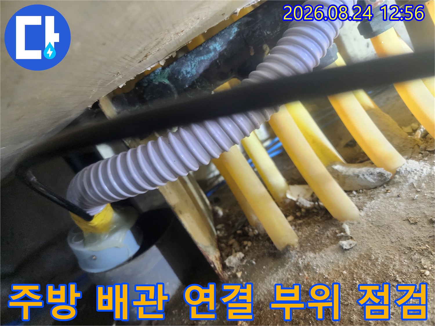 노란색 하수관과 흰색 주름 호스가 얽힌 싱크대 밑 공간