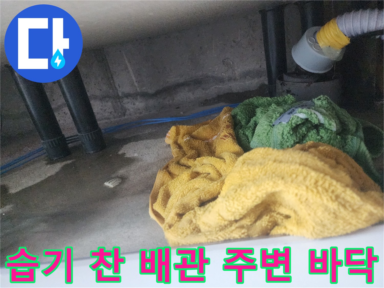 싱크대 아래쪽 젖어 있는 콘크리트와 배수관
