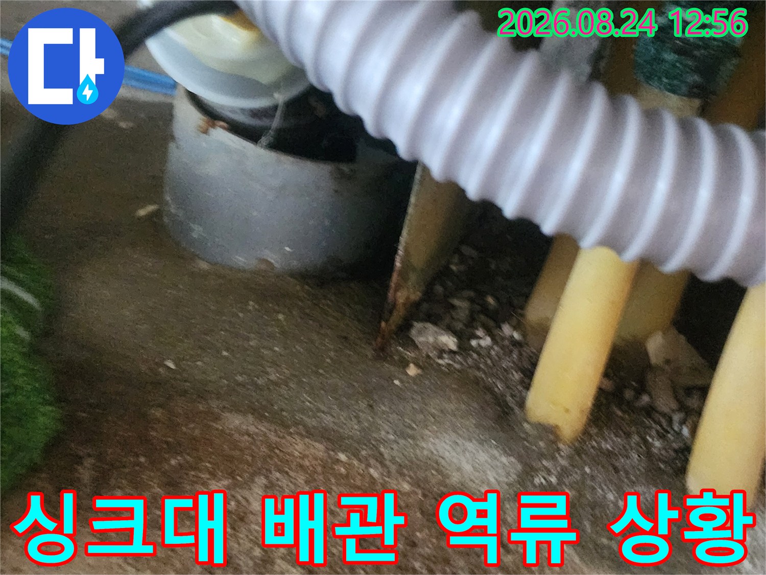 싱크대 하단 배관 주변에 물이 고여 역류하는 현장 모습입니다.