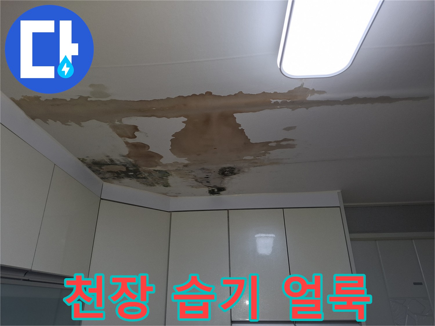물에 젖어 변색된 주방 천장의 모습