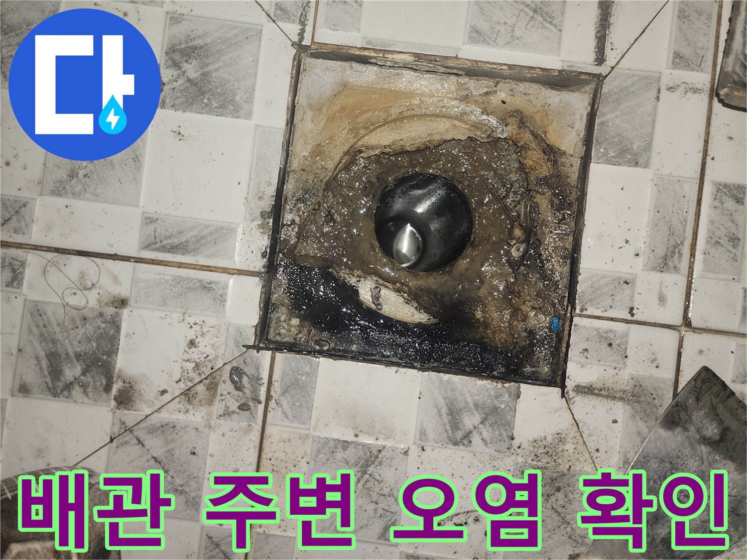 욕실 하수구-배관 입구 주변의 곰팡이와 오염 상태