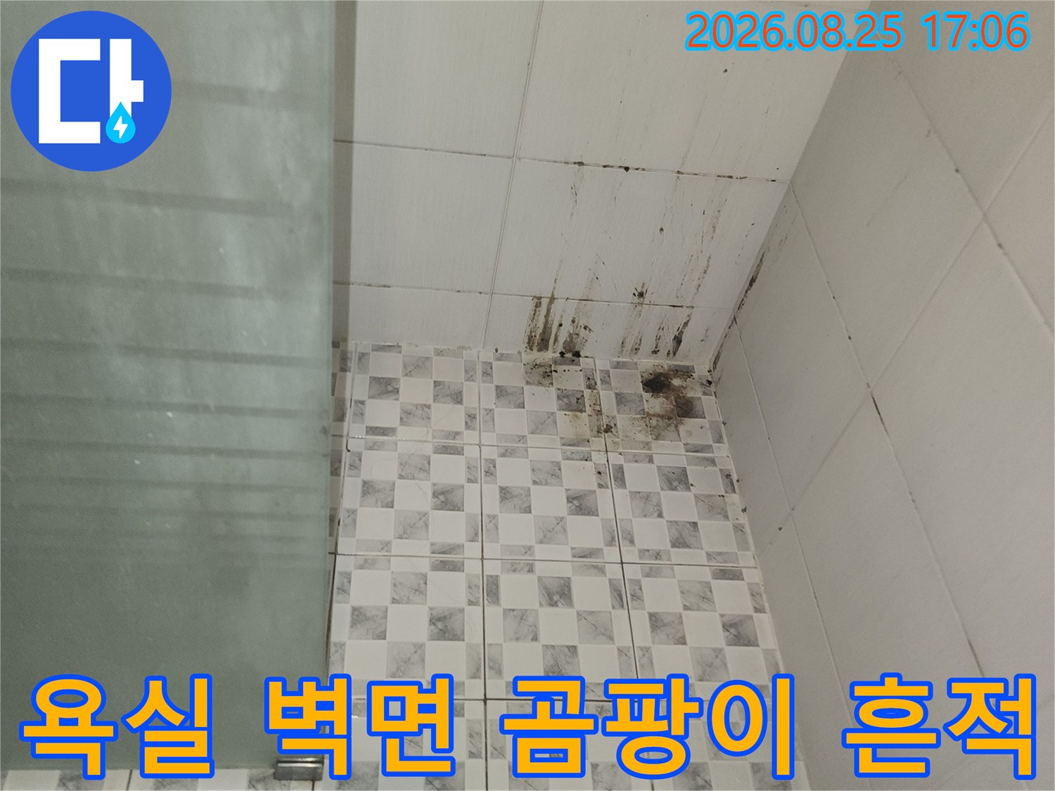 하얀 타일 위로 번진 검은색 누수 오염 부위 상세 사진