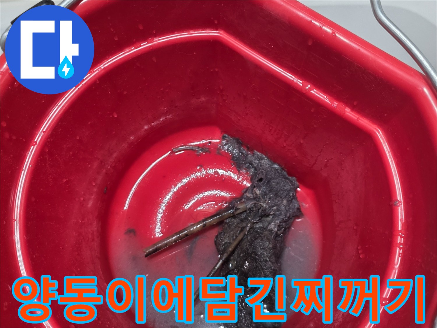 빨간 양동이에 수거된 배관 속 검은 찌꺼기들