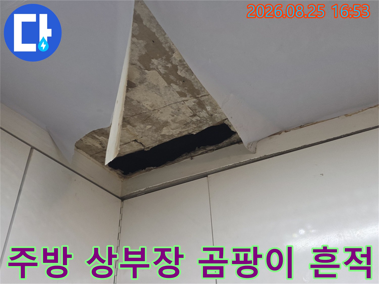 싱크대 상부장 아래 천장 마감재의 곰팡이와 변색 부위