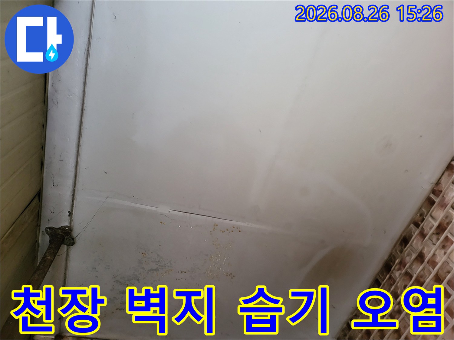 습기로 인해 얼룩진 천장 벽지 마감 상태