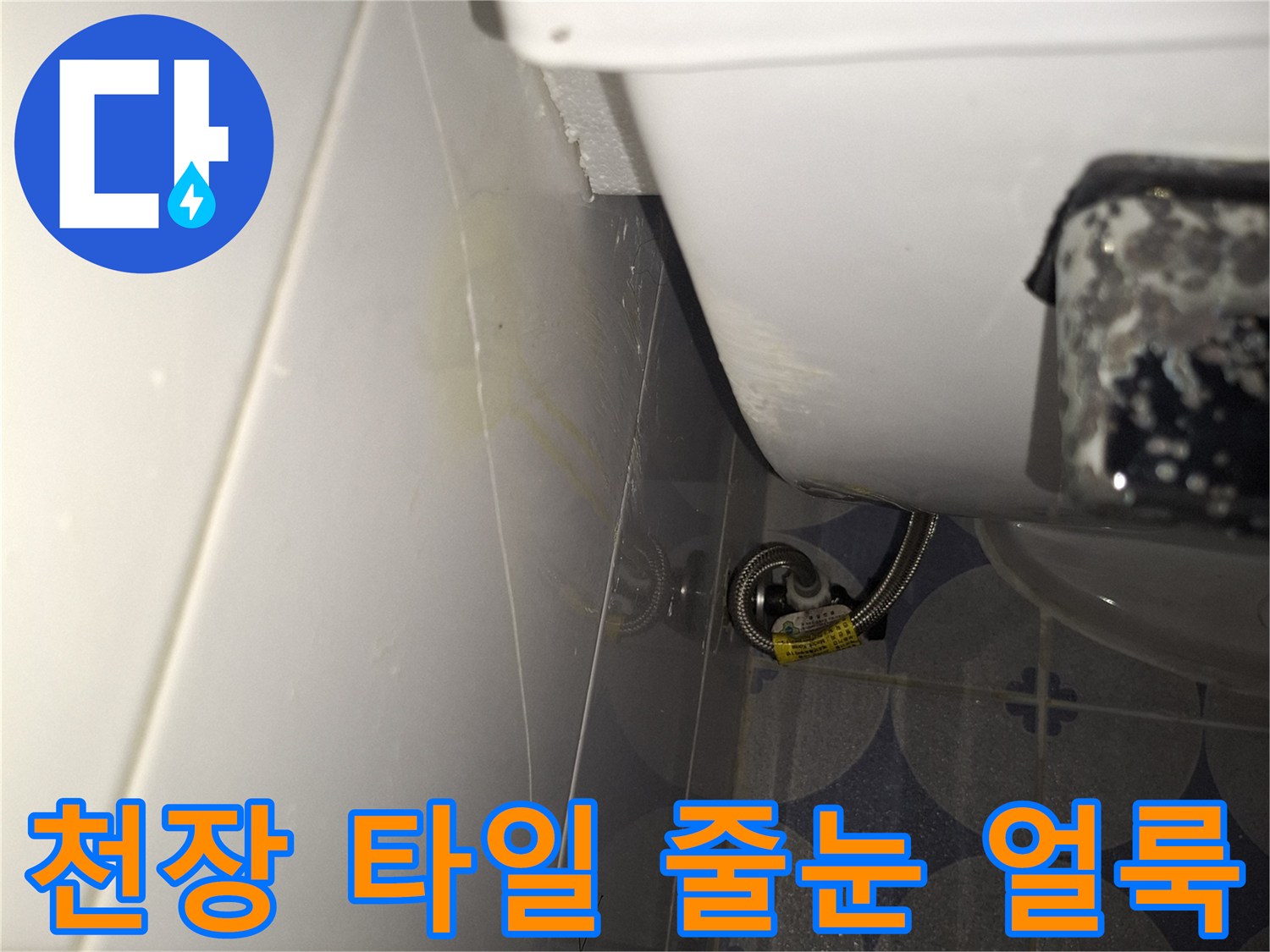 물기가 스며든 화장실 천장 타일 틈새 모습