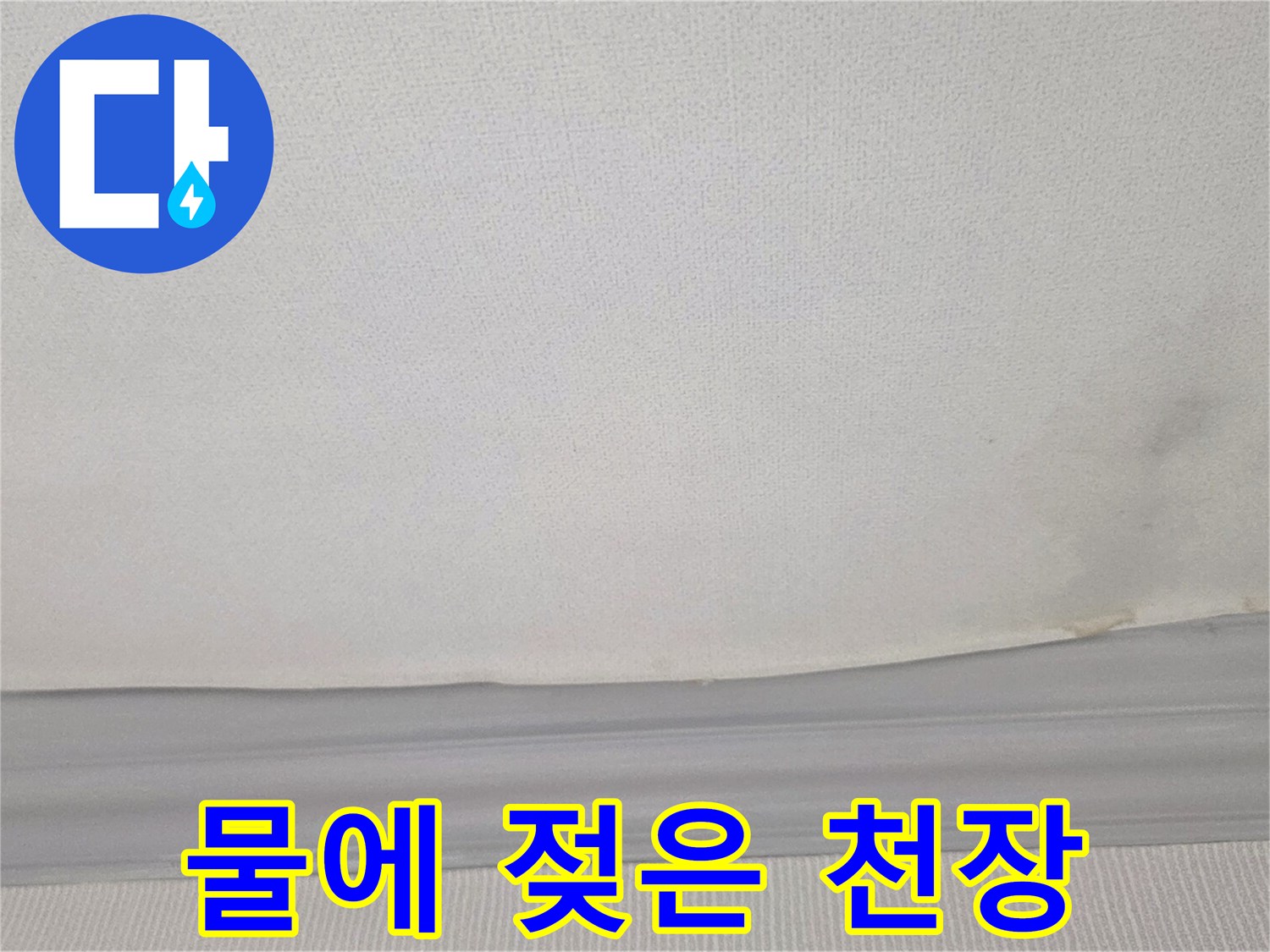 어두운 얼룩이 형성된 거실 천장의 누수 피해 부위