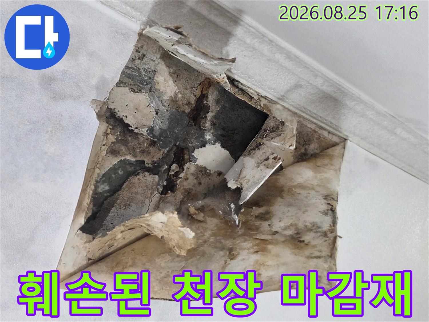 습기로 인해 찢어지고 변색된 천장 석고보드 내부
