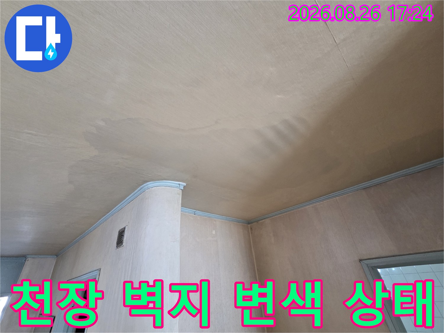 습기로 인해 짙게 변한-천장 마감재의 누수 흔적 부위