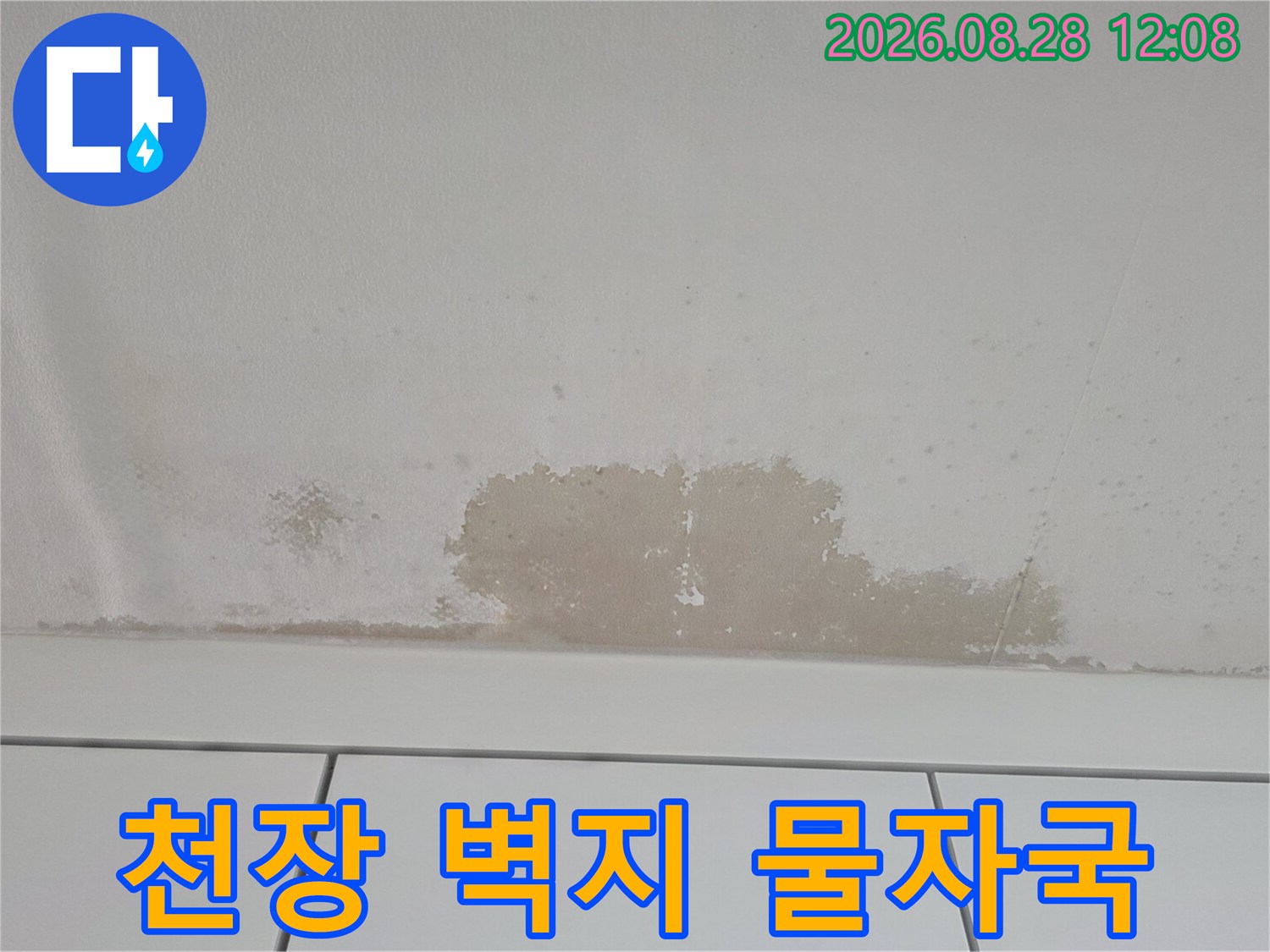 천장 벽지가 물에 젖어 변색된 누수 피해 현장 모습