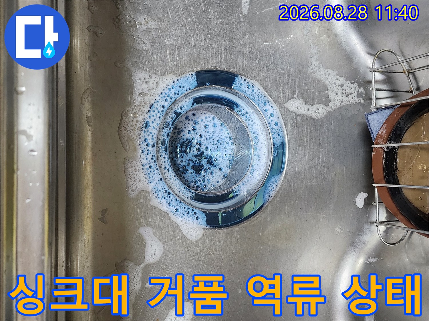 싱크대 배수구 주변에 하얀 거품이 맺혀 있는 사진입니다.