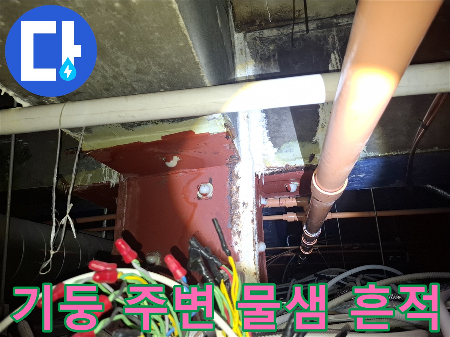 철산동 현장-기둥 벽면의 습윤한 상태와 노출된 배관 모습