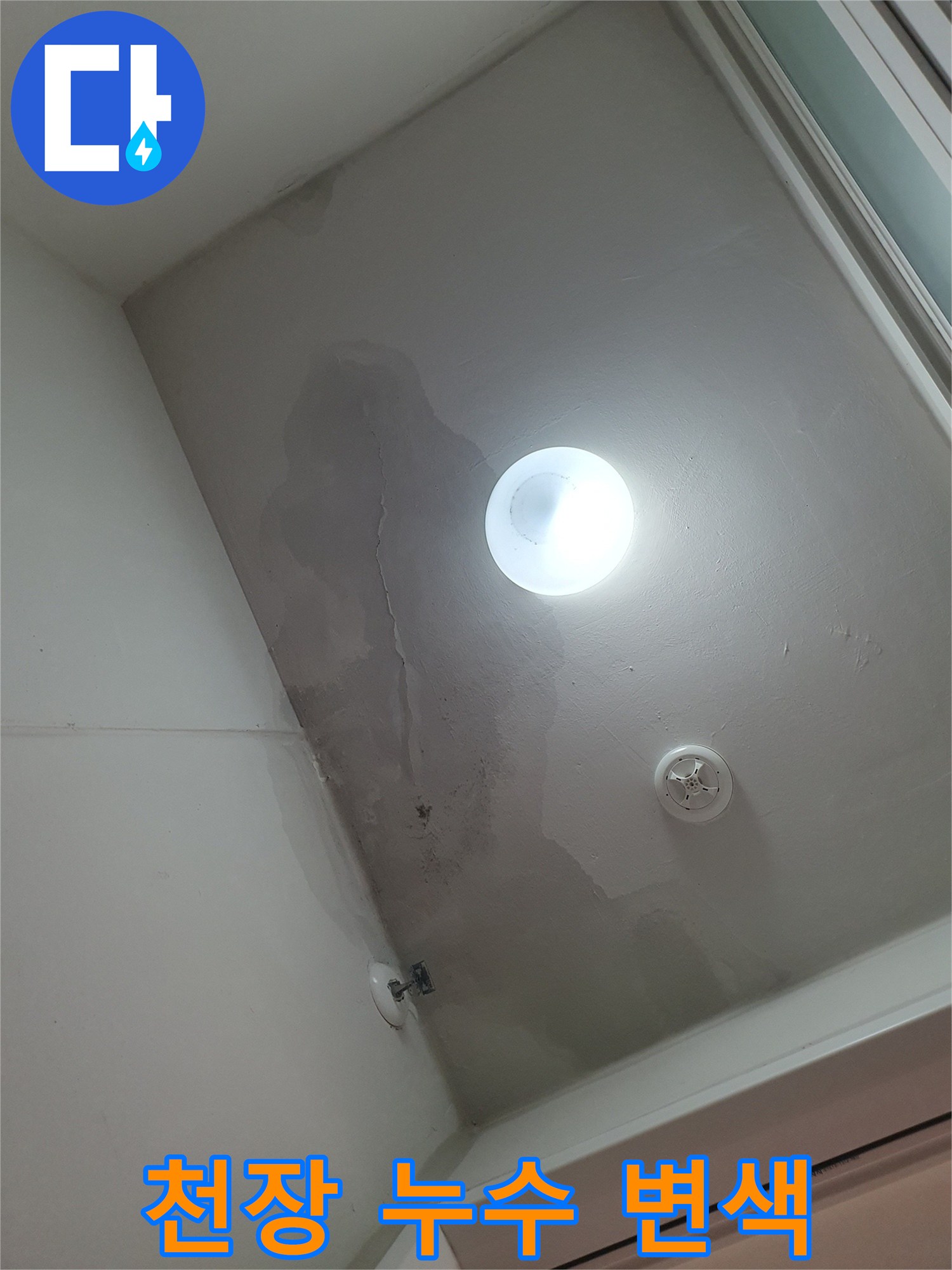 세탁실 천장의 넓은 습기 흔적과 균열 상태 관찰