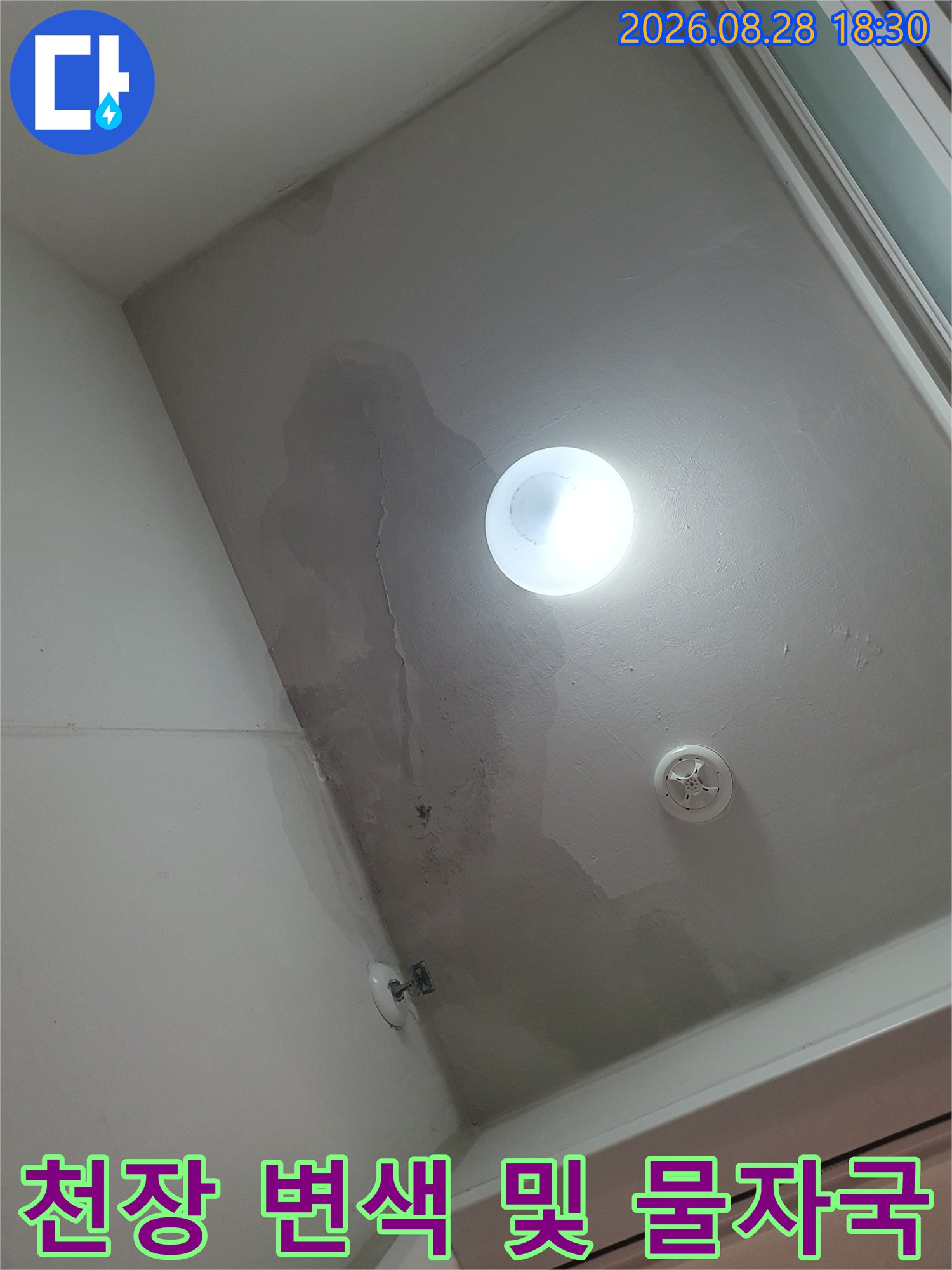 천장 전등 주변으로 넓게 퍼진 누수로 인한 벽면 변색 현상