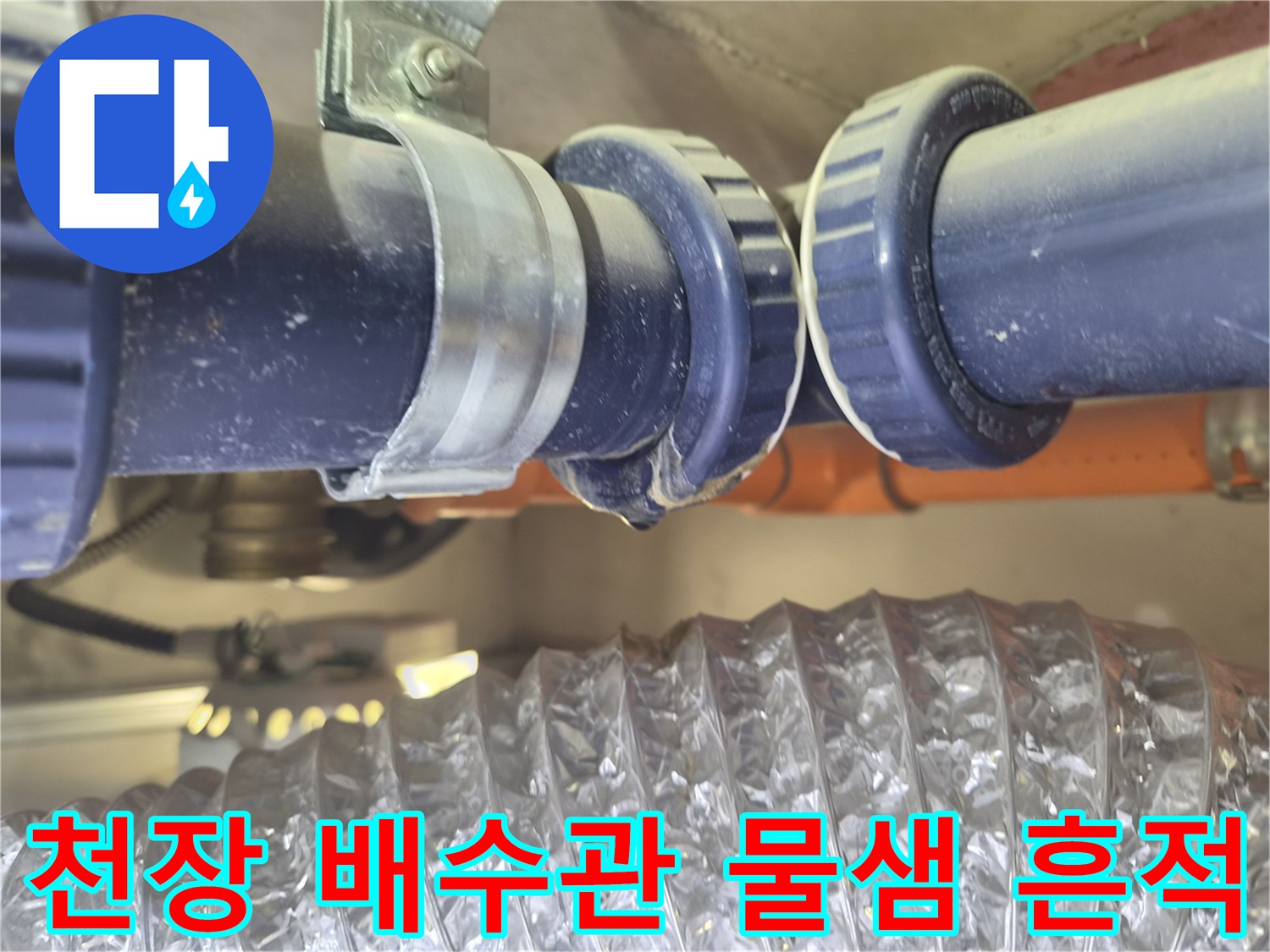 파란색 PVC 배관-연결 소켓 부위의 습기 및 누수 흔적