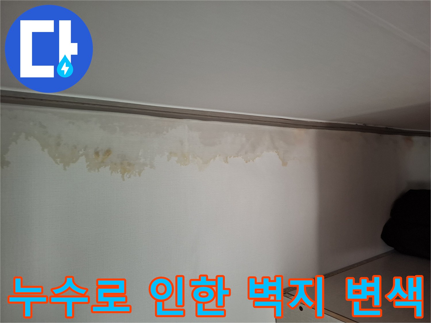 천장 몰딩 경계-물샘 흔적 발생-벽지 오염 상태