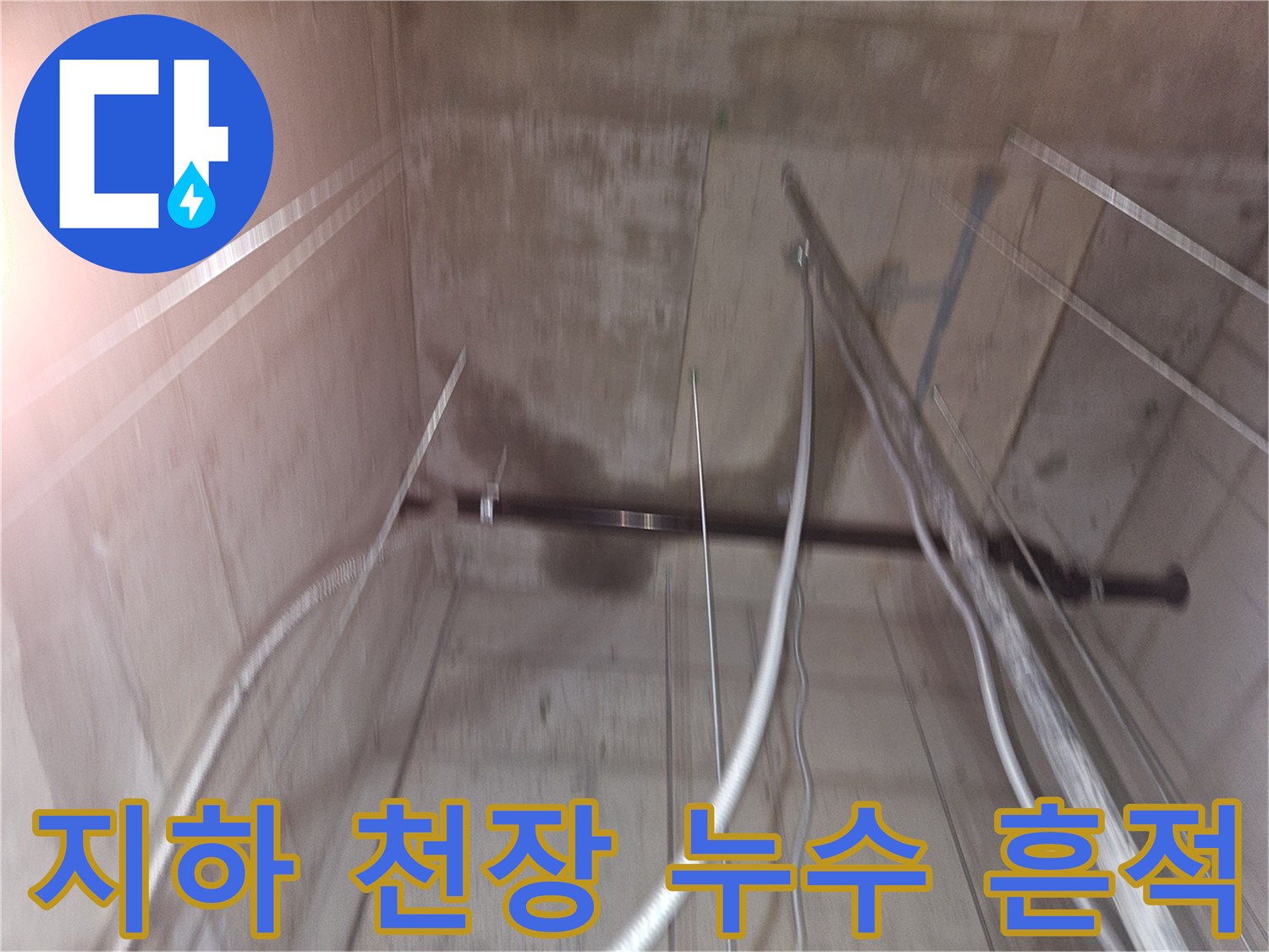 용인 기흥구 지하 창고 천장의 물샘 흔적과 노출된 배관 상태