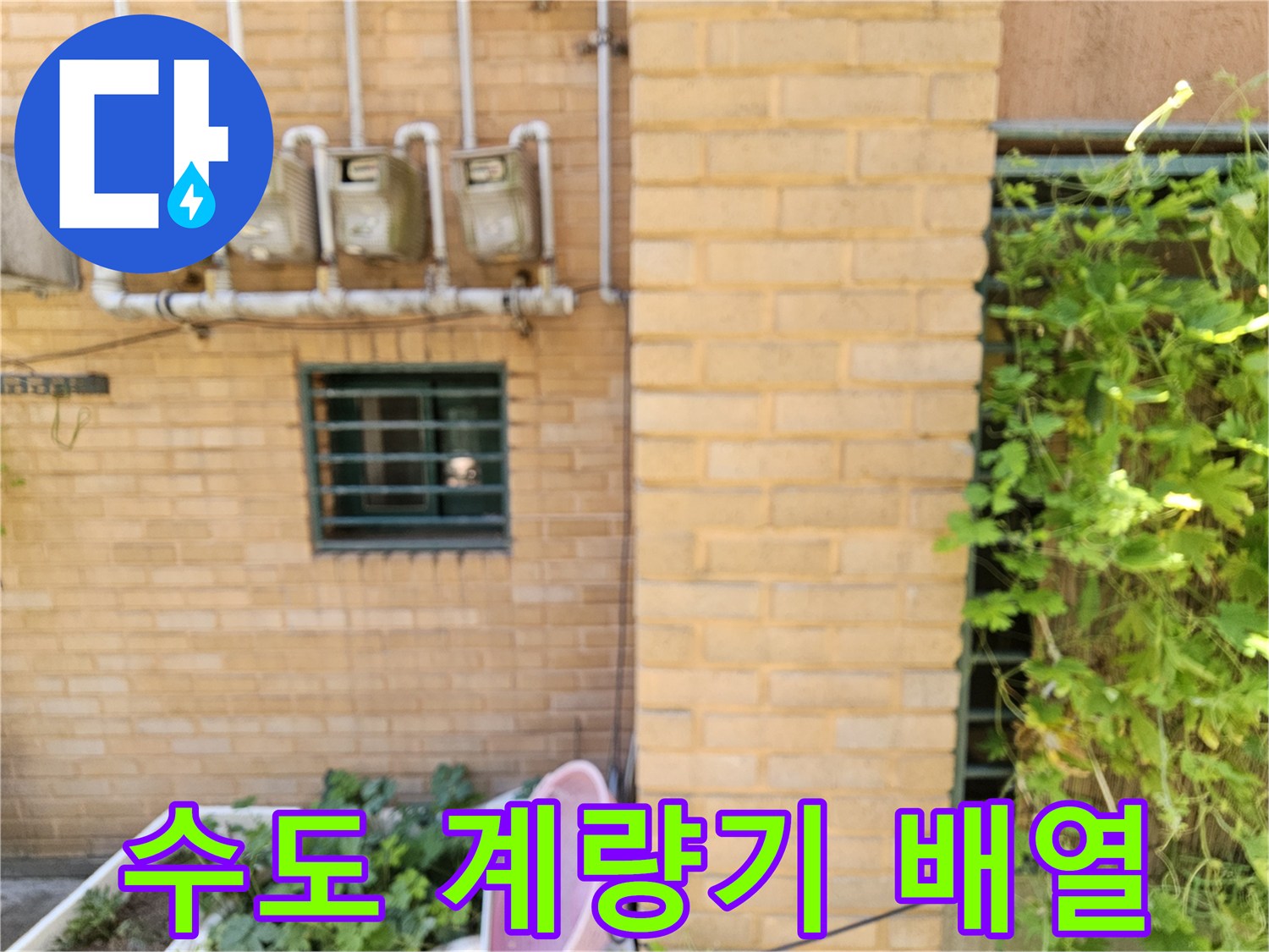 벽면에 나란히 배치된 수도 계량기와 외부 노출 배관